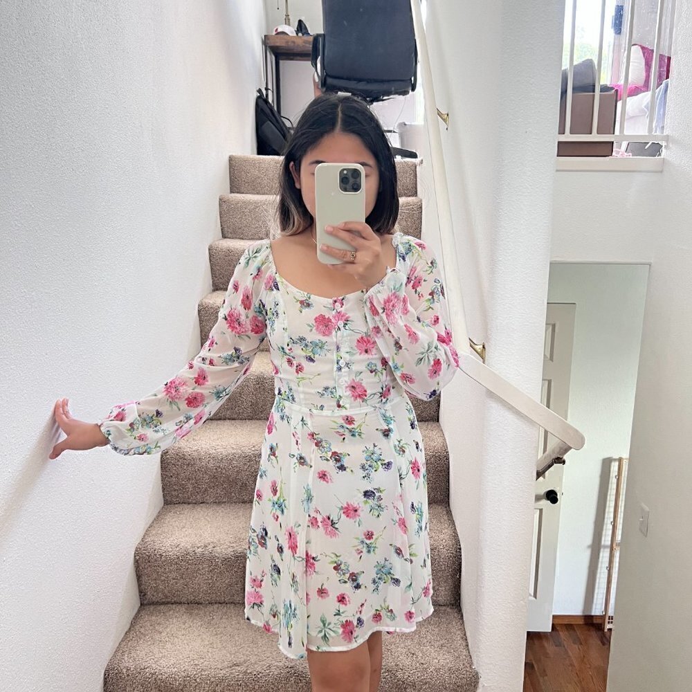 Renamed White Pink Floral Long Sleeve Mini Dress S‌